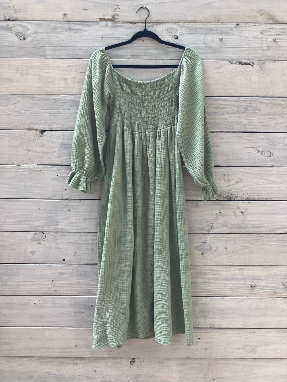 BIBI Smocked Puff Sleeve Green Dress Pastel Summer to Fall Cottagecore